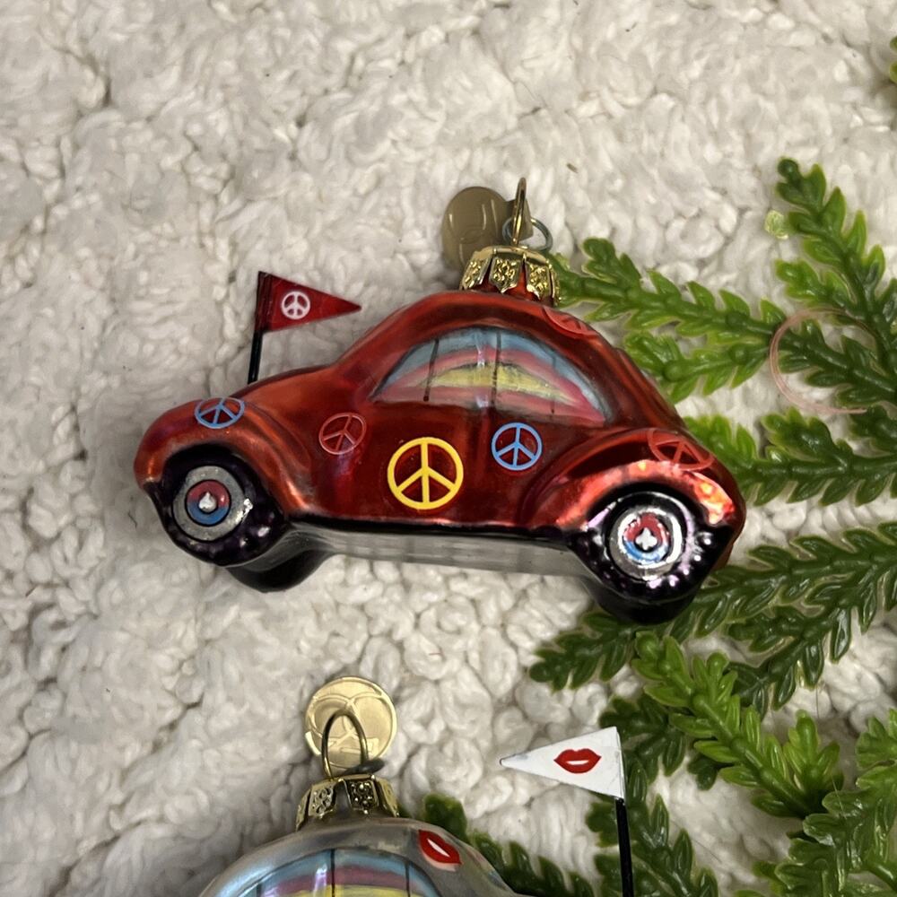 Dept 56 Set of 3 Glass Bug Beetle Car Ornaments Peace Lips Kiss Department - Picture 7 of 13